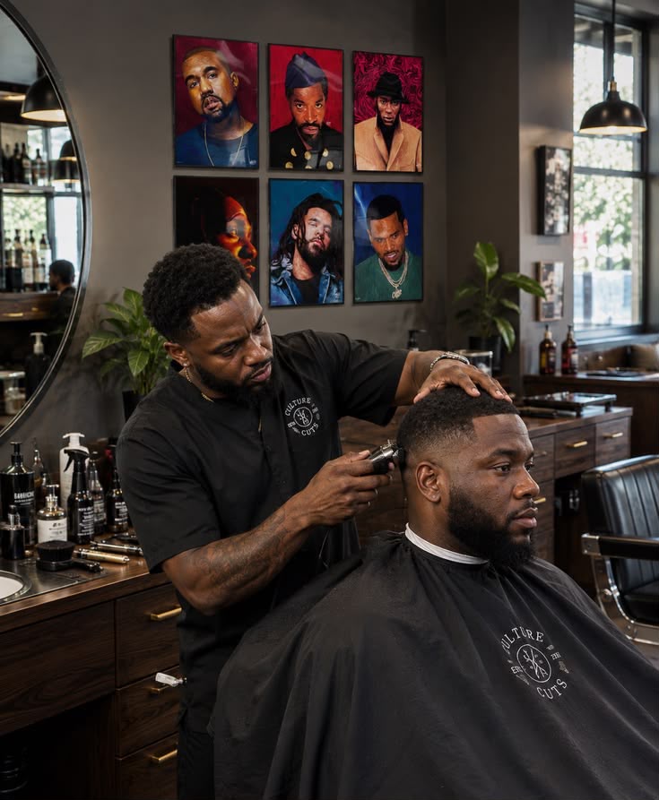 Barbeiro realizando um corte em ambiente sofisticado
